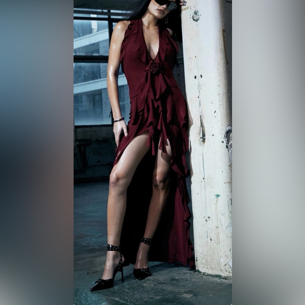 ASOS/MURCI Deep Plunge Ruffle Trim Maxi Dress in burgundy/deep red